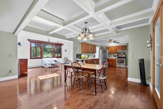 53 Mountain View Dr, Holmes, NY 12531 - dining area featuring beamed ceiling, dark wood-style flooring, a chandelier, coffered ceiling, and ceiling fan