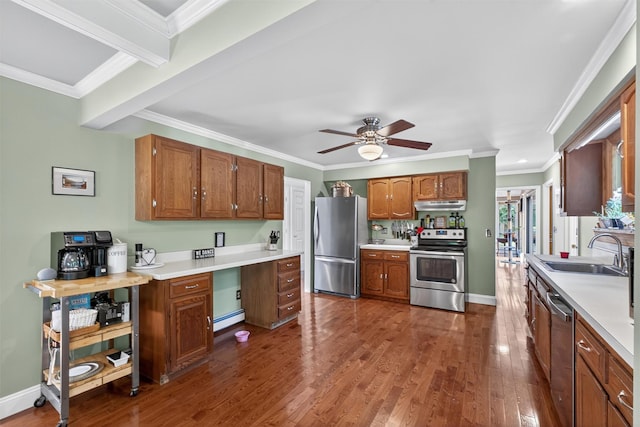 53 Mountain View Dr, Holmes, NY 12531 - kitchen with appliances with stainless steel finishes, under cabinet range hood, dark wood-style flooring, ceiling fan, and light countertops