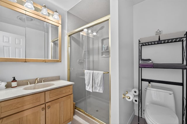 53 Mountain View Dr, Holmes, NY 12531 - bathroom with tile patterned floors, vanity, and a shower stall