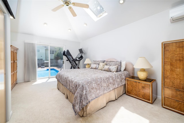 3458 Frederick St, Oceanside, NY 11572 - bedroom featuring a wall mounted AC, access to exterior, light colored carpet, lofted ceiling, and a skylight