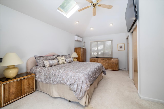 3458 Frederick St, Oceanside, NY 11572 - bedroom with vaulted ceiling, an AC wall unit, light colored carpet, a skylight, and recessed lighting
