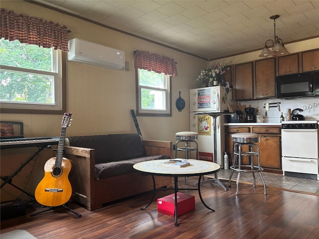 11 Berry St, Wallkill, NY 12589 - living room featuring an AC wall unit, dark wood-style flooring, and ornamental molding
