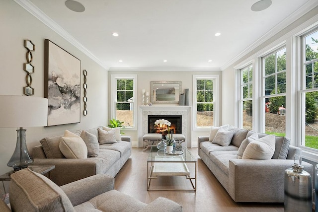 46 Plainview Rd, Woodbury, NY 11797 - living room with healthy amount of natural light, wood finished floors, a premium fireplace, recessed lighting, and ornamental molding