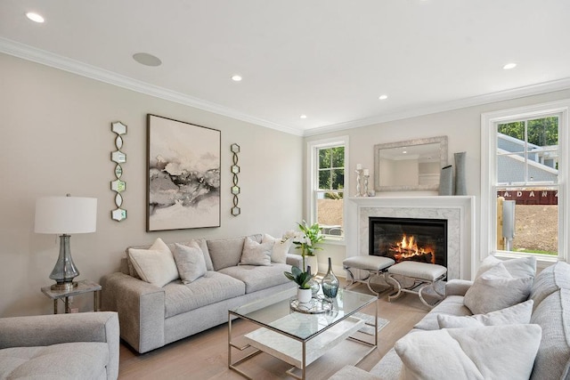 46 Plainview Rd, Woodbury, NY 11797 - living room featuring light wood-style floors, plenty of natural light, recessed lighting, a fireplace, and crown molding