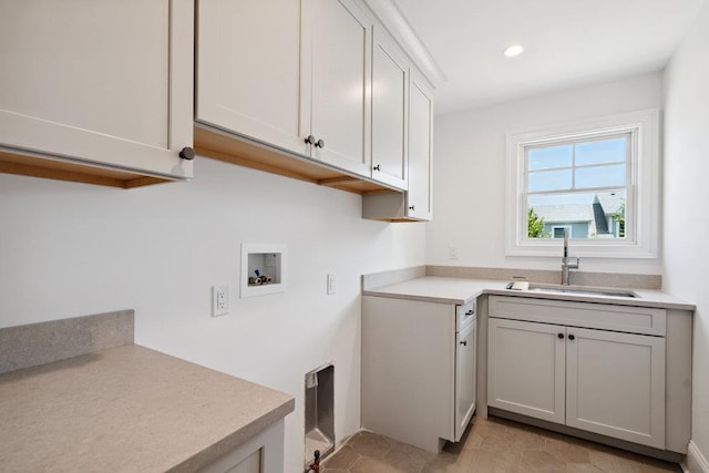 46 Plainview Rd, Woodbury, NY 11797 - washroom featuring washer hookup, cabinet space, recessed lighting, and light tile patterned floors