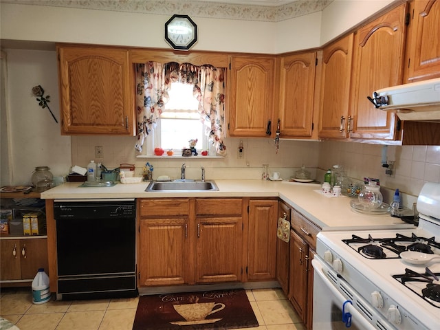 14 W Argyle St, Valley Stream, NY 11580 - kitchen featuring black dishwasher, gas range gas stove, light tile patterned flooring, light countertops, and brown cabinetry