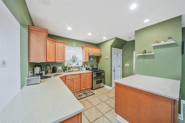 8624 253rd St, Bellerose, NY 11426 - kitchen featuring range with two ovens, under cabinet range hood, recessed lighting, open shelves, and light tile patterned flooring