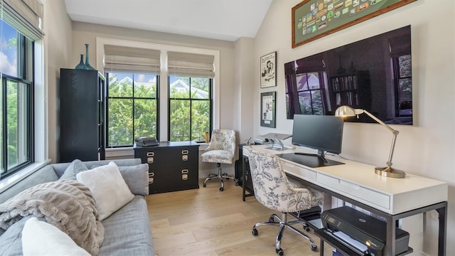 305 Fay Ct, Mattituck, NY 11952 - home office featuring wood finished floors and vaulted ceiling