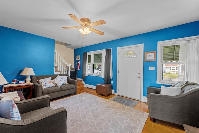 1 Horton Rd, Valley Stream, NY 11581 - living room with plenty of natural light, stairs, baseboard heating, and ceiling fan