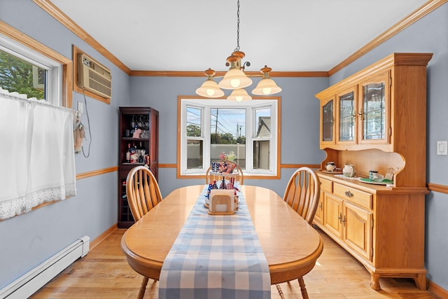 1 Horton Rd, Valley Stream, NY 11581 - dining area featuring a baseboard heating unit, a chandelier, light wood-style floors, and crown molding