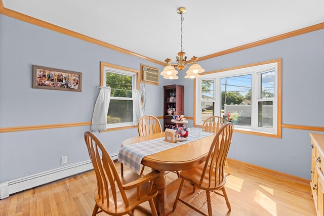 1 Horton Rd, Valley Stream, NY 11581 - dining room featuring a chandelier, light wood-type flooring, ornamental molding, an AC wall unit, and a baseboard radiator