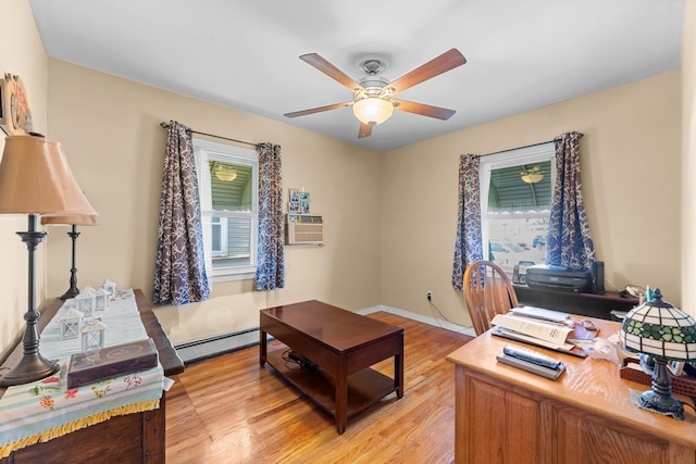 1 Horton Rd, Valley Stream, NY 11581 - office area featuring a ceiling fan, light wood-style floors, a baseboard heating unit, and cooling unit