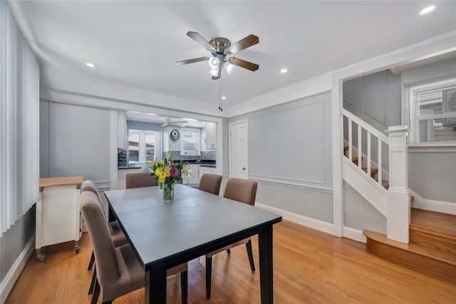 12605 109th Ave, Richmond Hill S, NY 11420 - dining area featuring ceiling fan, stairway, light wood finished floors, and recessed lighting