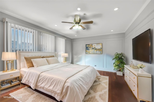 12605 109th Ave, Richmond Hill S, NY 11420 - bedroom featuring ornamental molding, dark wood-type flooring, a decorative wall, recessed lighting, and a ceiling fan