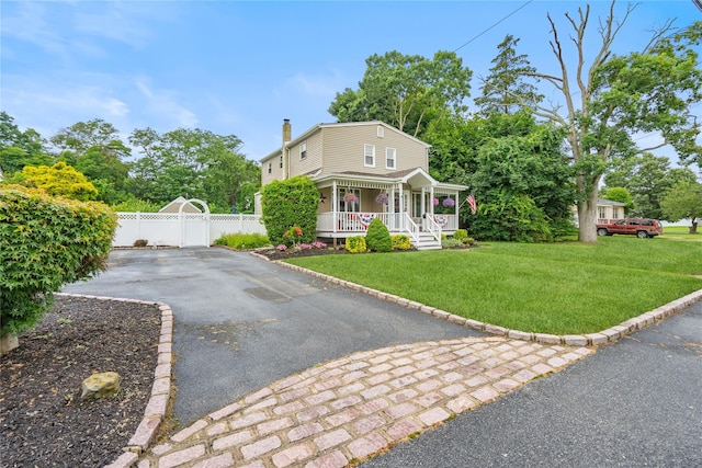 1334 Thompson Dr, Bay Shore, NY 11706 - view of front of house featuring a porch, a chimney, and driveway