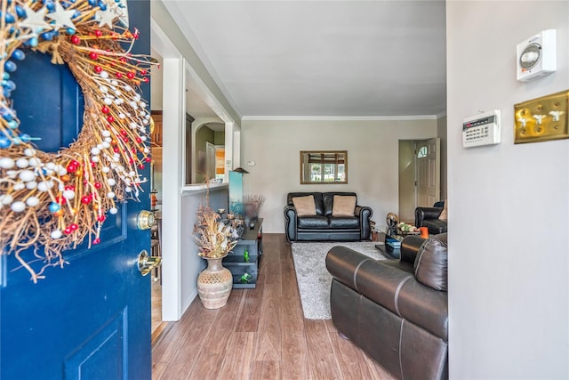 1334 Thompson Dr, Bay Shore, NY 11706 - living room featuring wood finished floors and ornamental molding