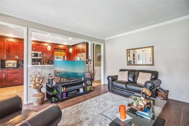 1334 Thompson Dr, Bay Shore, NY 11706 - living area featuring ornamental molding and wood finished floors
