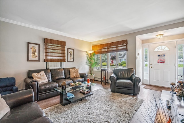 1334 Thompson Dr, Bay Shore, NY 11706 - living room with crown molding, wood finished floors, and a baseboard radiator