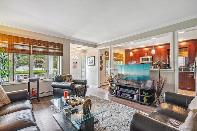 1334 Thompson Dr, Bay Shore, NY 11706 - living room with light wood-style floors, a baseboard radiator, and crown molding