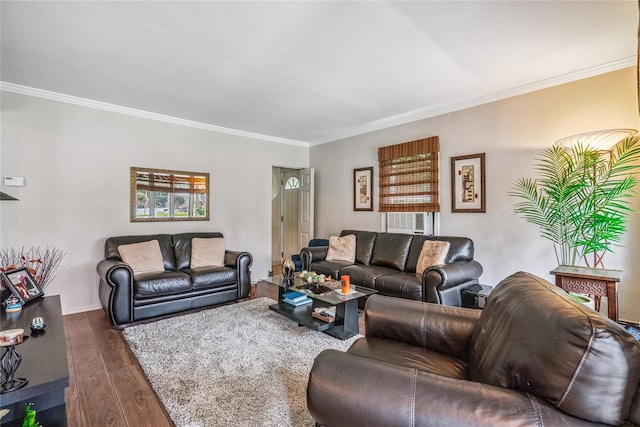 1334 Thompson Dr, Bay Shore, NY 11706 - living room with ornamental molding and dark wood finished floors