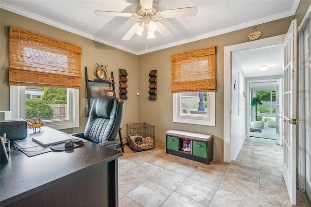 1334 Thompson Dr, Bay Shore, NY 11706 - home office with healthy amount of natural light, ceiling fan, and crown molding