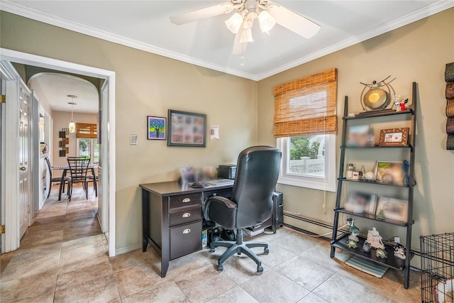 1334 Thompson Dr, Bay Shore, NY 11706 - office with ceiling fan, crown molding, arched walkways, and a baseboard heating unit