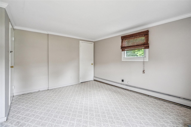 1334 Thompson Dr, Bay Shore, NY 11706 - spare room featuring a baseboard radiator, crown molding, and light carpet