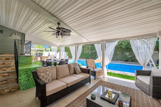 318 Claremont Ave, West Babylon, NY 11704 - fenced backyard with an outdoor hangout area, a ceiling fan, an outdoor pool, and a patio area