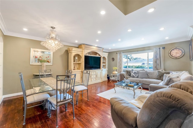 318 Claremont Ave, West Babylon, NY 11704 - living area with a chandelier, ornamental molding, wood finished floors, and recessed lighting