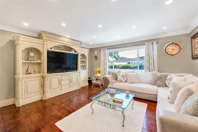 318 Claremont Ave, West Babylon, NY 11704 - living area with wood finished floors, crown molding, and recessed lighting