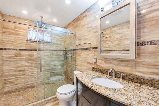 318 Claremont Ave, West Babylon, NY 11704 - full bath featuring a shower stall, vanity, tile walls, and recessed lighting
