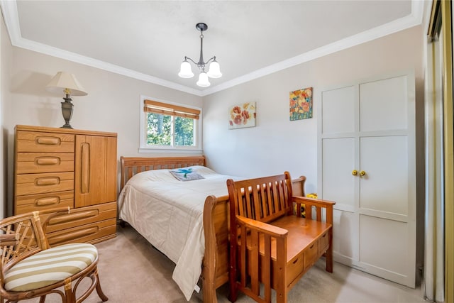318 Claremont Ave, West Babylon, NY 11704 - bedroom featuring light colored carpet, crown molding, and a chandelier