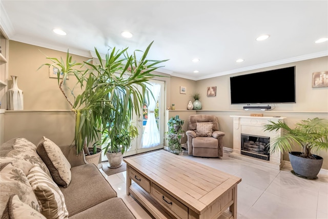 318 Claremont Ave, West Babylon, NY 11704 - living room with recessed lighting, ornamental molding, a high end fireplace, and light tile patterned floors