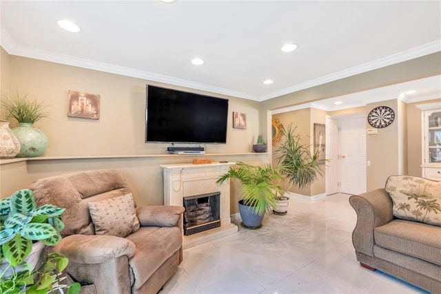 318 Claremont Ave, West Babylon, NY 11704 - living area with recessed lighting, ornamental molding, and a high end fireplace