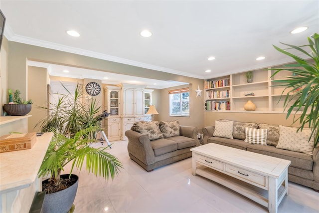 318 Claremont Ave, West Babylon, NY 11704 - living area with ornamental molding, recessed lighting, and light tile patterned flooring