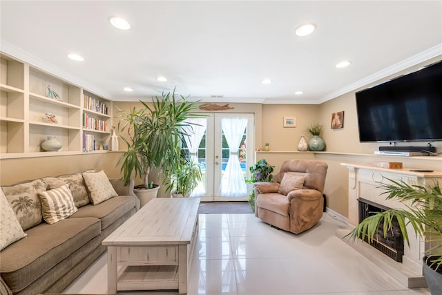 318 Claremont Ave, West Babylon, NY 11704 - tiled living area featuring crown molding, french doors, recessed lighting, and a fireplace