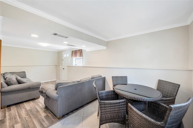 318 Claremont Ave, West Babylon, NY 11704 - living room with crown molding, light wood-type flooring, and recessed lighting
