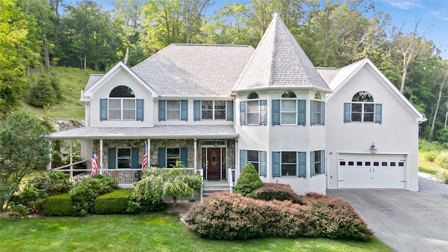 8 Hamlet Way, Hopewell Junction, NY 12533 - victorian house with asphalt driveway, stucco siding, an attached garage, and covered porch