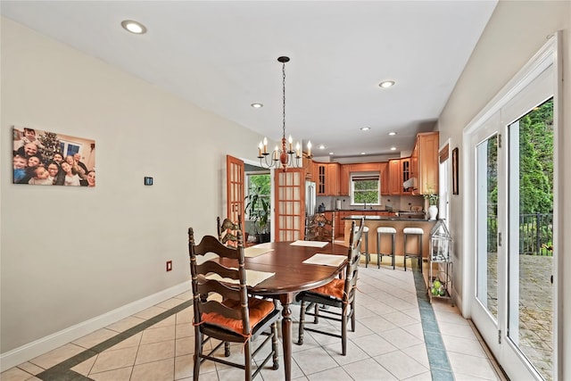 8 Hamlet Way, Hopewell Junction, NY 12533 - dining space featuring light tile patterned floors, recessed lighting, a chandelier, and inlaid floor details