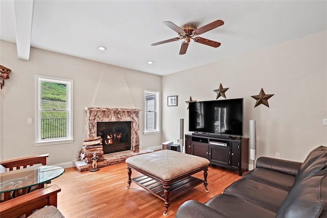 8 Hamlet Way, Hopewell Junction, NY 12533 - living area with a ceiling fan, a large fireplace, light wood-style floors, and recessed lighting