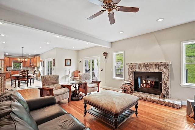 8 Hamlet Way, Hopewell Junction, NY 12533 - living area featuring recessed lighting, light wood-type flooring, a high end fireplace, ceiling fan, and beamed ceiling