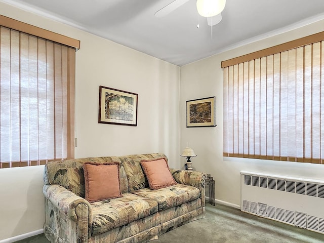 140-21 31st Rd Unit 4A, Flushing, NY 11354 - living area featuring radiator heating unit, carpet floors, and a ceiling fan