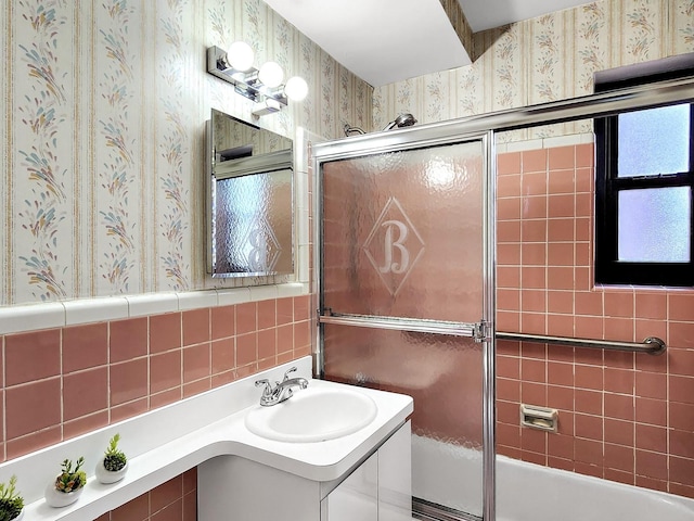 140-21 31st Rd Unit 4A, Flushing, NY 11354 - bathroom featuring wallpapered walls, vanity, and tile walls