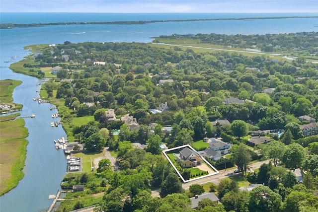 135 S Rd, Westhampton, NY 11977 - aerial overview of property's location with a large body of water and property boundaries highlighted