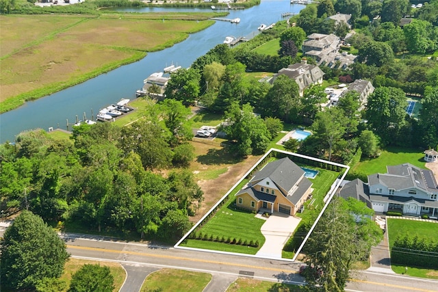 135 S Rd, Westhampton, NY 11977 - aerial perspective of suburban area with a large body of water and property boundaries highlighted