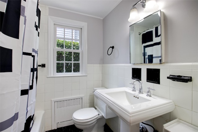 153 Park Ave, Manhasset, NY 11030 - bathroom featuring radiator, tile walls, ornamental molding, a wainscoted wall, and shower / tub combo with curtain