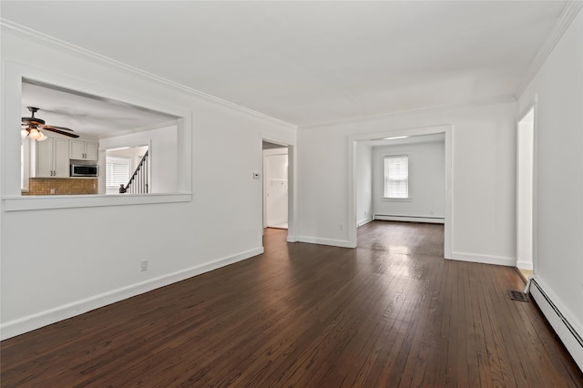 224 Woodbury Rd, Huntington, NY 11743 - empty room featuring a baseboard radiator, dark wood-style floors, ceiling fan, crown molding, and a baseboard heating unit