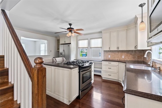 224 Woodbury Rd, Huntington, NY 11743 - kitchen featuring stainless steel appliances, plenty of natural light, dark wood finished floors, and a ceiling fan