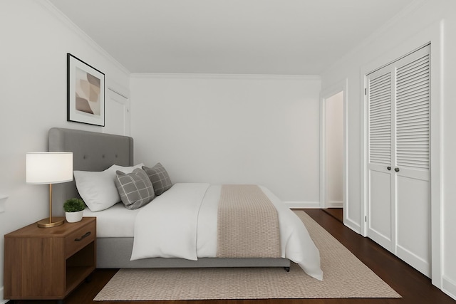 224 Woodbury Rd, Huntington, NY 11743 - bedroom with crown molding, dark wood-style floors, and a closet