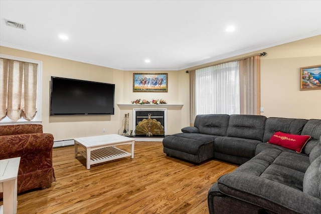 2 Apple Ct, Eastchester, NY 10709 - living area with wood finished floors, crown molding, recessed lighting, and baseboard heating